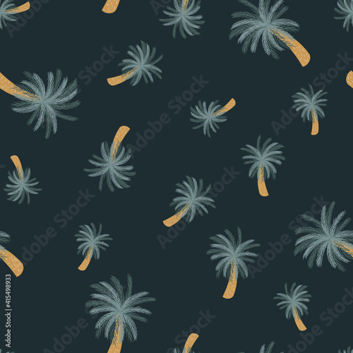 Random abstract nature exotic seamless pattern with blue colored palm trees. Black background. Simple design.