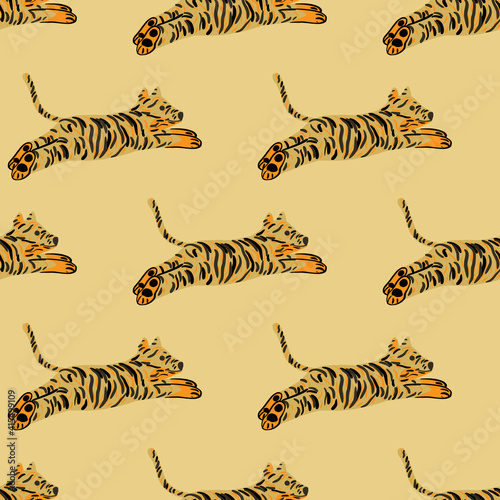 Childish style seamless pattern with simple orange and brown tiger print. Light beige background.