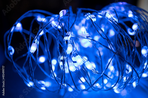 Blue string lights close up