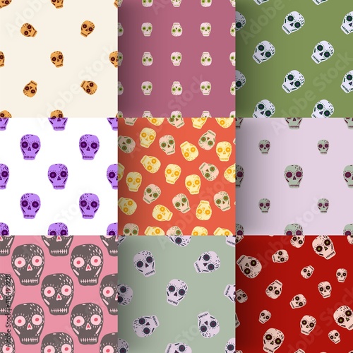 Set of seamless pattern with mexican holiday skull ornament. Day of death holiday print collection.