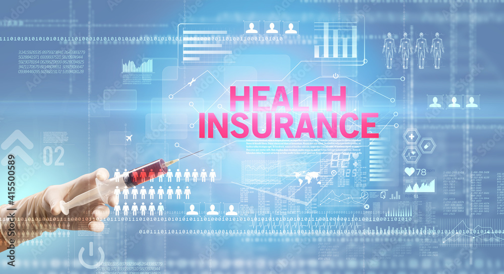 Close-up view of doctor's hand in a white glove holding syringe with HEALTH INSURANCE inscription, healthcare and medical concept Close-up view of doctor's hand in a white glove holding syringe with HEALTH INSURANCE inscription, healthcare and medical concept