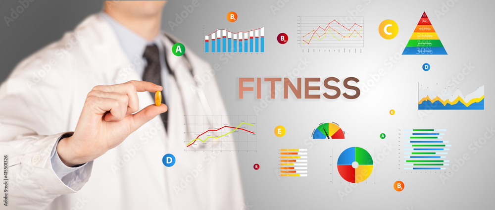Fototapeta premium Nutritionist giving you a pill with FITNESS inscription, healthy lifestyle concept