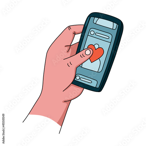 Hand holds mobile phone. Realistic hand on white background.