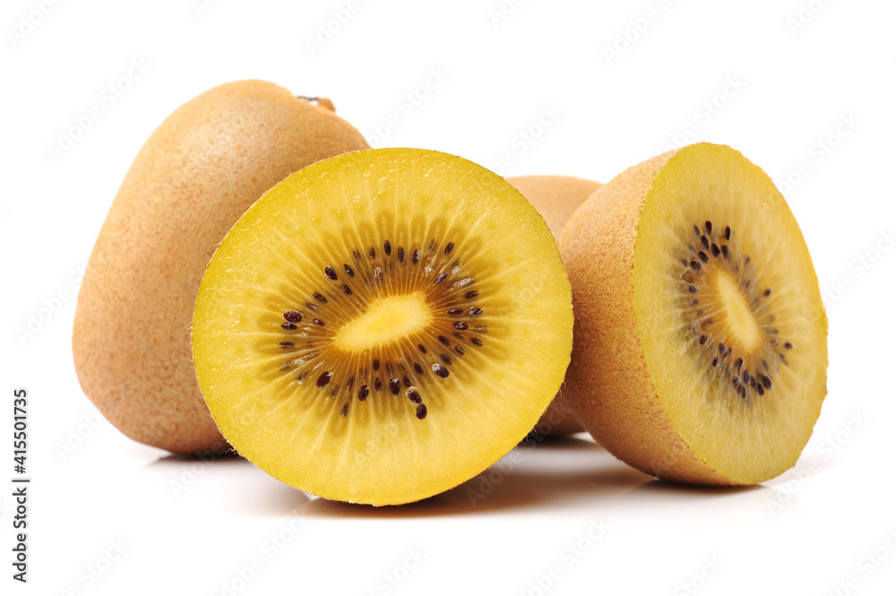 Whole and cut golden kiwifruit/ kiwi (Actinidia chinensis) on white background Whole and cut golden kiwifruit/ kiwi (Actinidia chinensis) on white background