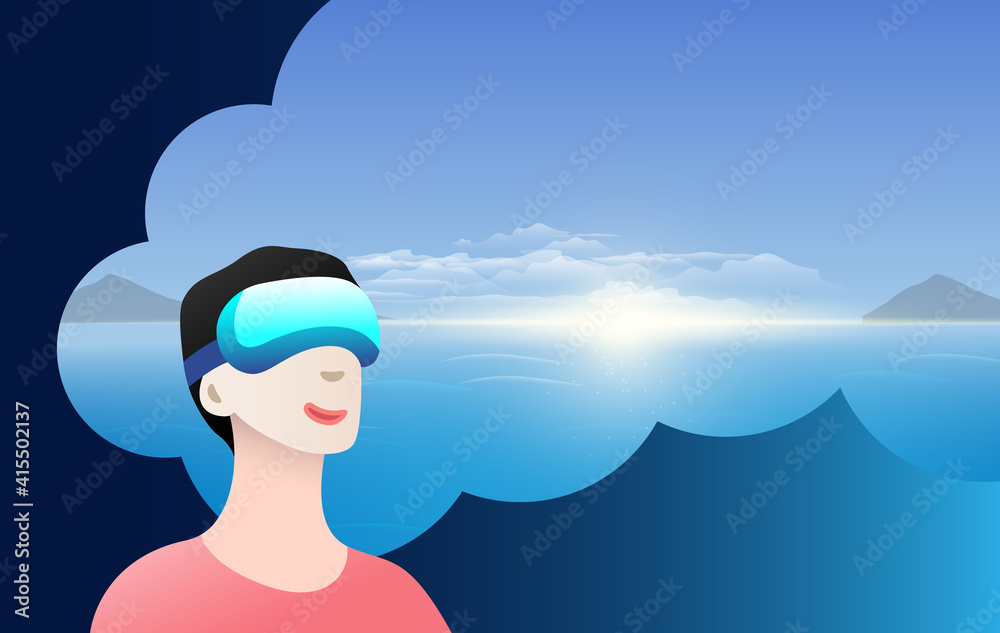 Man wearing virtual reality glasses and watching natural scenery vector illustration