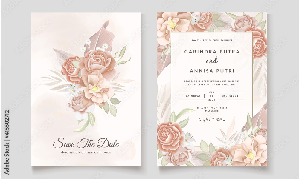  Beautiful peach floral frame wedding invitation card template Premium Vector
