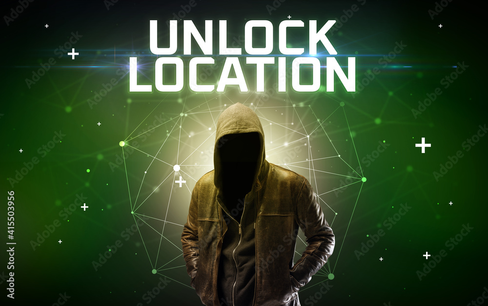 Mysterious hacker with UNLOCK LOCATION inscription, online attack concept inscription, online security concept