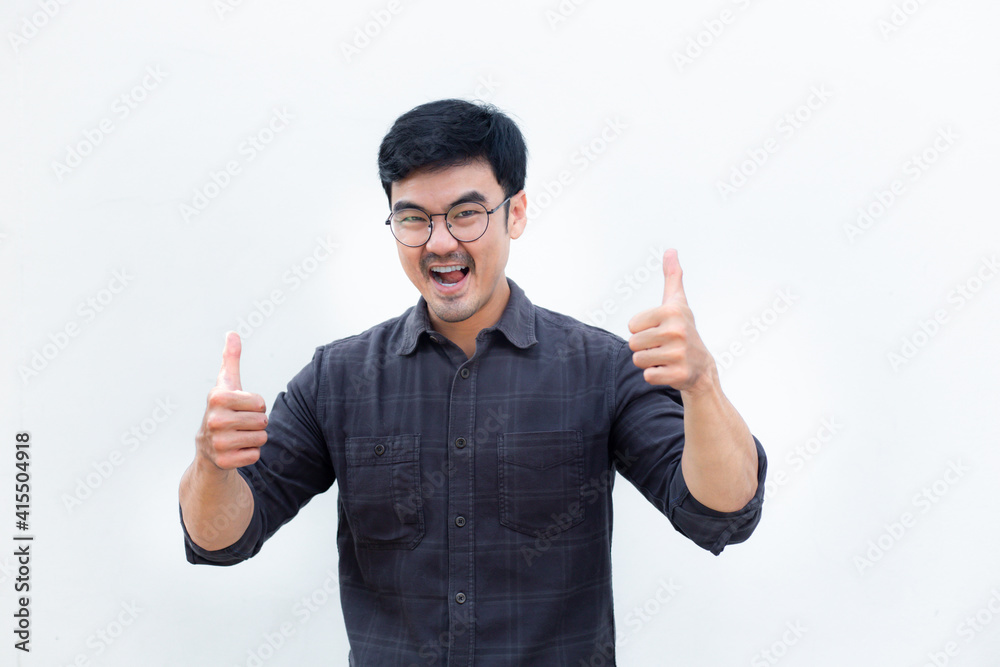 adult asian man.young male person wear eye glasses.posing smiling laughing look excited surprised thinking positive happy.empty,copy space for text advertising.white background.attractive fashion