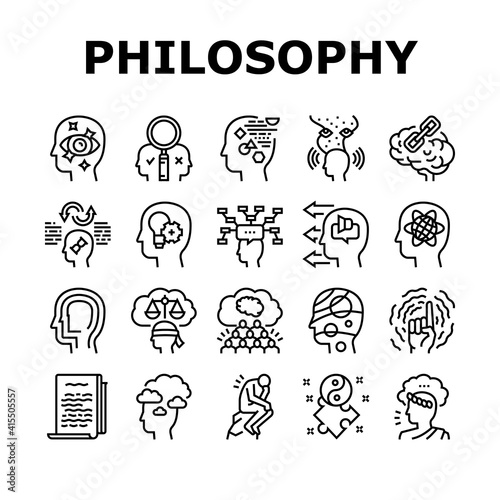 Philosophy Science Collection Icons Set Vector. Social Philosophy And Logic, Aesthetics And Ethics, Metaphilosophy And Epistemology Black Contour Illustrations