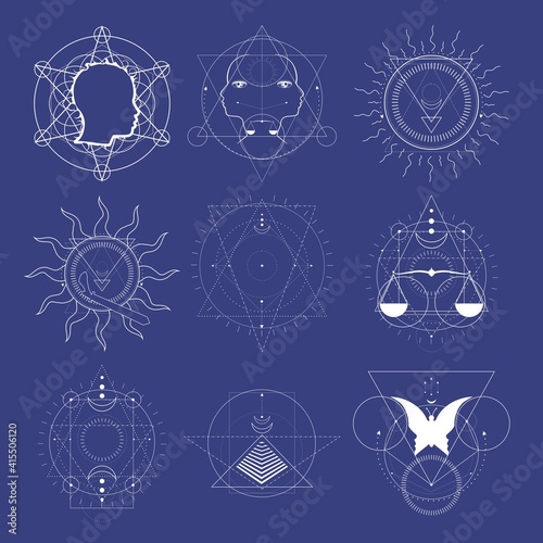 Mystical geometry symbols collection. Set of linear alchemy, occult, philosophical signs. For music album cover, poster, sacramental design. Astrology and religion concept.