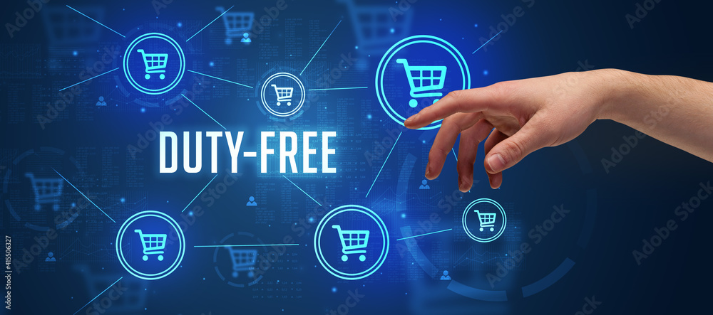 Close-Up of cropped hand pointing at DUTY-FREE inscription, online shopping concept Close-Up of cropped hand pointing at DUTY-FREE inscription, online shopping concept