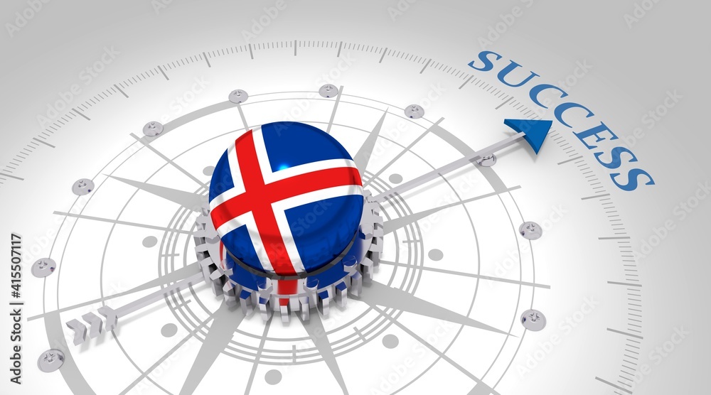 Business concept. Abstract compass points to the success word. Flag of Iceland. 3D rendering Business concept. Abstract compass points to the success word. Flag of Iceland. 3D rendering