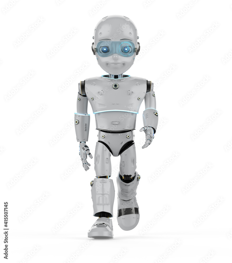 Cute robot with cartoon character walk Cute robot with cartoon character walk