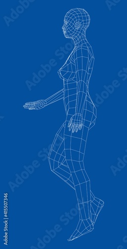 Wireframe walking woman. Vector
