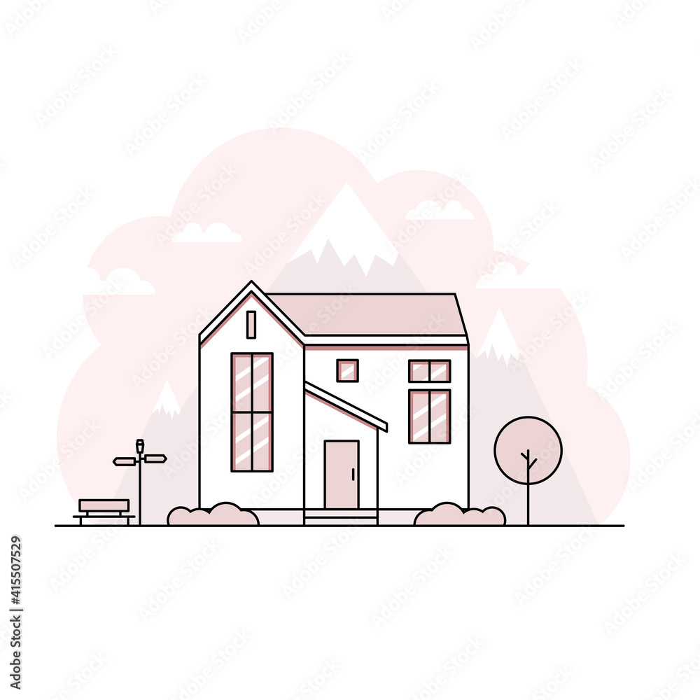 Thin line stroke house flat design landscape minimalist home with soft colors