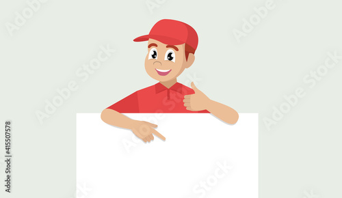 Man in uniform pointing at banner over white. Portrait of Delivery man