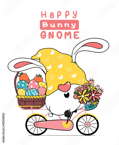 Cute easter Gnome bunny ears cartoon on pink sweet floral bicycle with easter egg basket. Happy Easter, Cute doodle cartoon vector spring Easter clip art photo