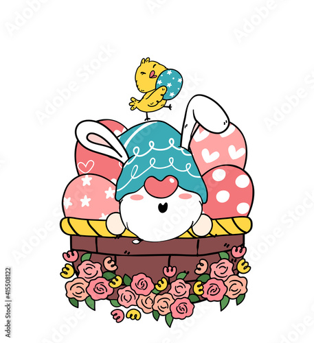 Cute easter Gnome bunny ears cartoon and yellow chick baby in Easter egg basket. Happy Easter  Cute doodle cartoon vector spring Easter clip art