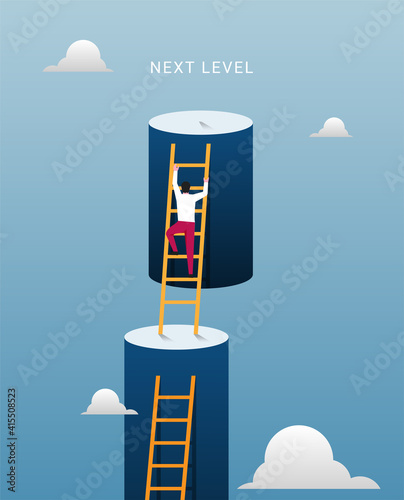 Next level to success concept. Businessman climbing double giant walls toward sky with ladders illustration.