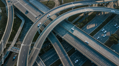 Bilde på lerret Top up aerial drone view of elevated road and traffic junctions in Chinese metropolis city Chengdu during sunny day