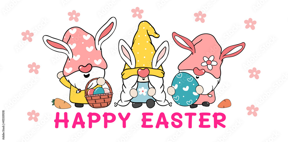 Three Cute sweet Easter Bunny gnome with rabbit ears, Happy Easter cartoon  vector banner Stock Vector | Adobe Stock