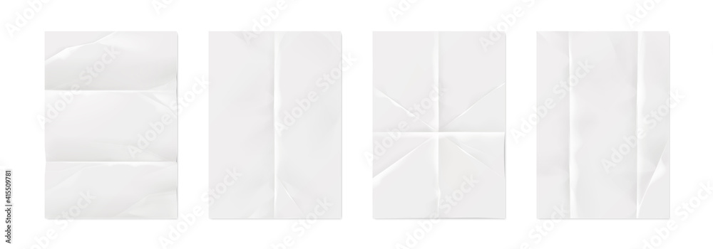 Wrinkled paper. Realistic white empty poster mockups with crumpled texture effect and creases. Isolated straightened square sheets for documents. Vector blank notepad folded pages set with copy space