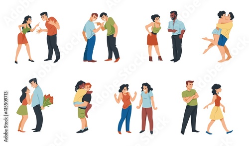 Couple relationship. Cartoon scenes of romantic dates or quarreling people. Stressed angry characters shout and complain to each other. Happy men and women in love hugging or kissing, vector set