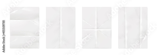 Wrinkled paper. Realistic white empty poster mockups with crumpled texture effect and creases. Isolated straightened square sheets for documents. Vector blank notepad folded pages set with copy space