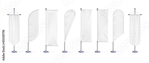 Textile banner flag. Realistic blank white fabric signs mockup for advertising, outdoor exhibition cotton waving flags on chrome steel stand. Canvas template with copy space, vector 3d isolated set