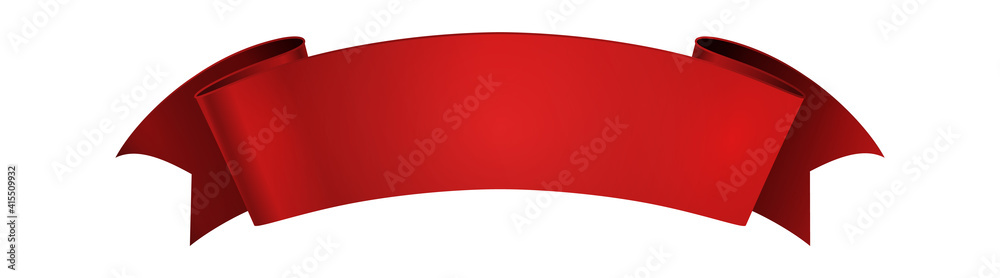 Realistic red ribbon. Empty shine curled paper or satin decorative element, festive or advertisement wavy elegance tape, blank decor with copy space. Glossy vector banner isolated on white background