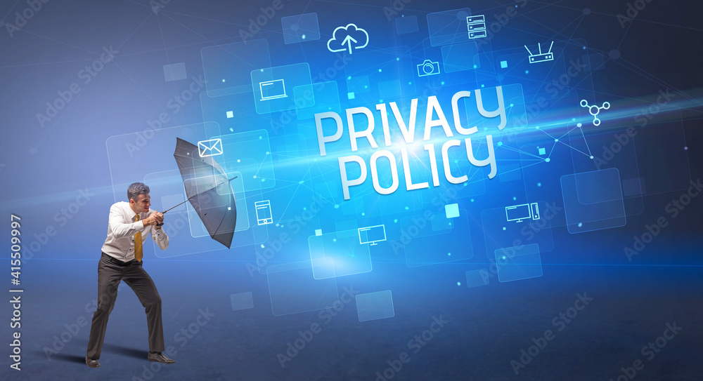 Businessman defending with umbrella from cyber attack and PRIVACY POLICY inscription, online security concept Businessman defending with umbrella from cyber attack and PRIVACY POLICY inscription, online security concept