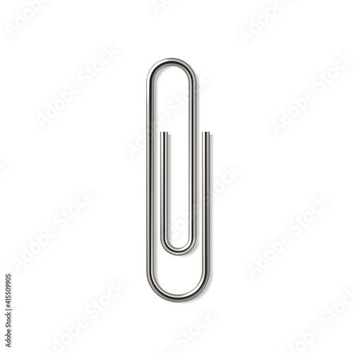 Realistic paper clip. Metal fasteners, steel twisted wire for binding sheets of documents and notes. Isolated glossy silver holder. Web sign of attachment. Vector fixing notepad with stationery clamp
