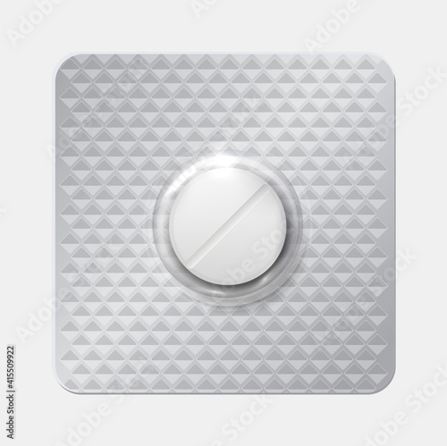 Realistic pill blister. Drug and vitamin in blister pack, round tablet in individually packaging, textured silver wrapper for medicines, Pharmacological medical product, vector mockup for branding