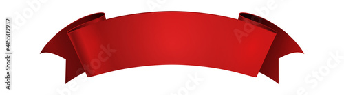 Realistic red ribbon. Empty shine curled paper or satin decorative element, festive or advertisement wavy elegance tape, blank decor with copy space. Glossy vector banner isolated on white background