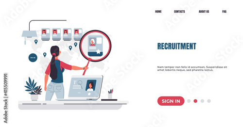Recruitment landing page. Employee searching and hiring concept. HR manager examines resume of candidates for vacant position. Workers recruiting. Website interface design. Vector web UI mockup