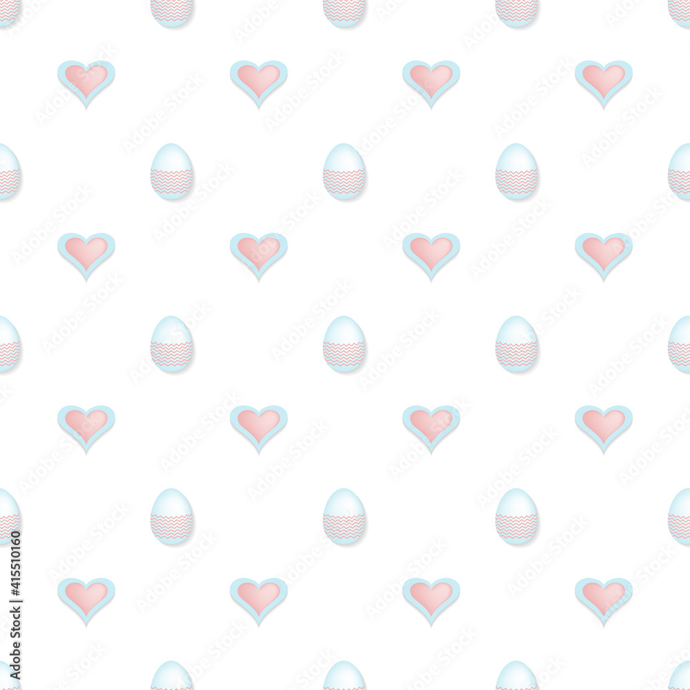 Festive seamless pattern. Hearts and eggs staggered with shadows on a white background
