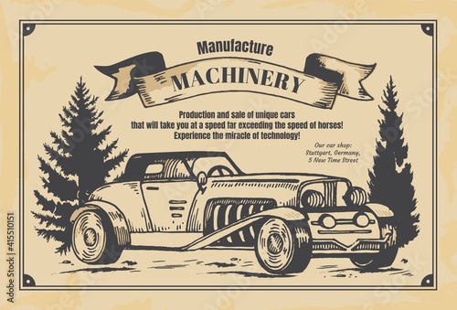 Vintage newspaper banner. Machinery manufacture poster on aged yellow newsprint. Hand drawn retro automobile and advertising slogan. Sale of vehicles, old-fashioned promo flyer. Vector illustration