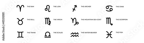 Zodiac signs. Astrology and horoscope black isolated symbols. Astrological calendar outline icons with signatures for making predictions and determining character of person. Vector simple contour set