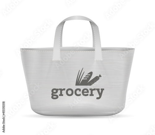 Fabric shopping bag. Realistic roomy handbag for purchases from grocery shop. White reusable textile packaging with black lettering, isolated eco-friendly empty sack for food products, vector package