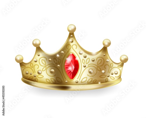 Golden crown. 3D realistic gold queen or princess sign, luxury head accessory, monarch majestic jewel diadem with ruby and pearl gemstone, royal imperial coronation symbol vector isolated object