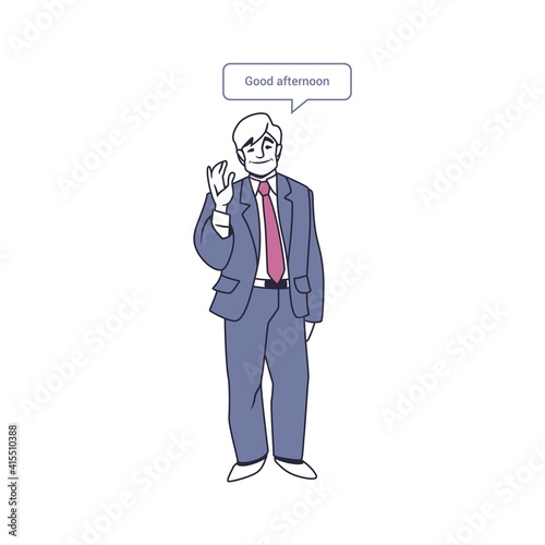 Multilingual man. Cartoon character with speech bubbles talking different languages. Isolated male saying welcome phrase and waving hand in greeting gesture. Worldwide communication, vector polyglot
