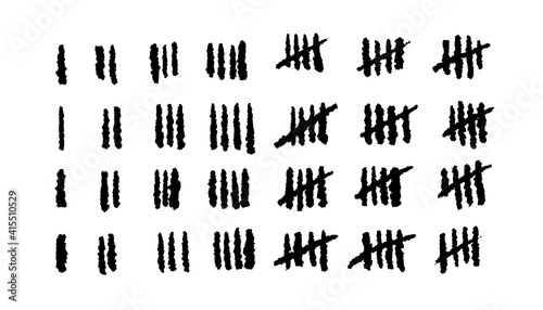 Tally marks. Prison days count slash symbols scratches on wall  jail hand drawn hash brush lines collection. Rough scrawled line signs in row. Simple counting of quantity. Vector stick counter set