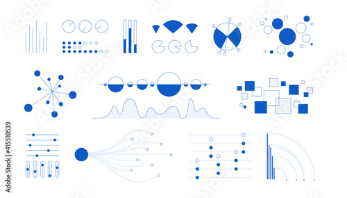 Minimal infographic. Simple schemes and diagrams for information visualization. Blue geometric silhouettes of graphic elements for business presentation. Vector contour scales and indicators set
