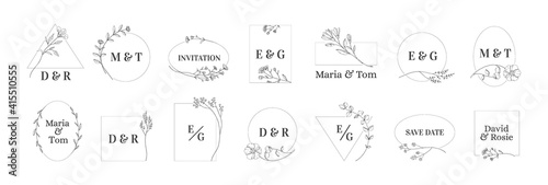 Flower monogram. Wedding floral square or round frames for invitation cards. Minimalist elegant sketches with blooming plants and calligraphy lettering of newlyweds names. Vector decorative templates