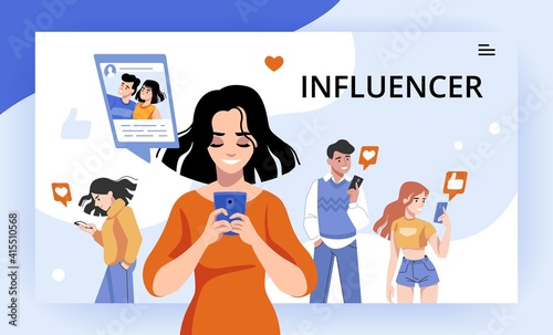 Influencer. Digital marketing campaign, social post and famous network content, influence of opinion leader. Cartoon men or women with smartphones click like button. Vector potential customers concept