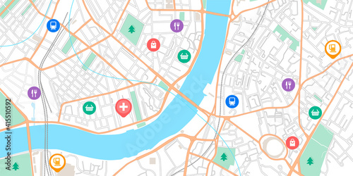GPS point map. Navigation signs on city road scheme. Urban plan with parks and streets. Online navigational application. Vector marks on location of stores and petrol stations or transport stops