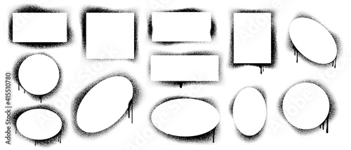 Spray paint frames. Stencil graffiti splatter grunge effect, brush splash border isolated collection, art stamp shapes. Vector airbrush rectangular and round decorative silhouettes with copy space
