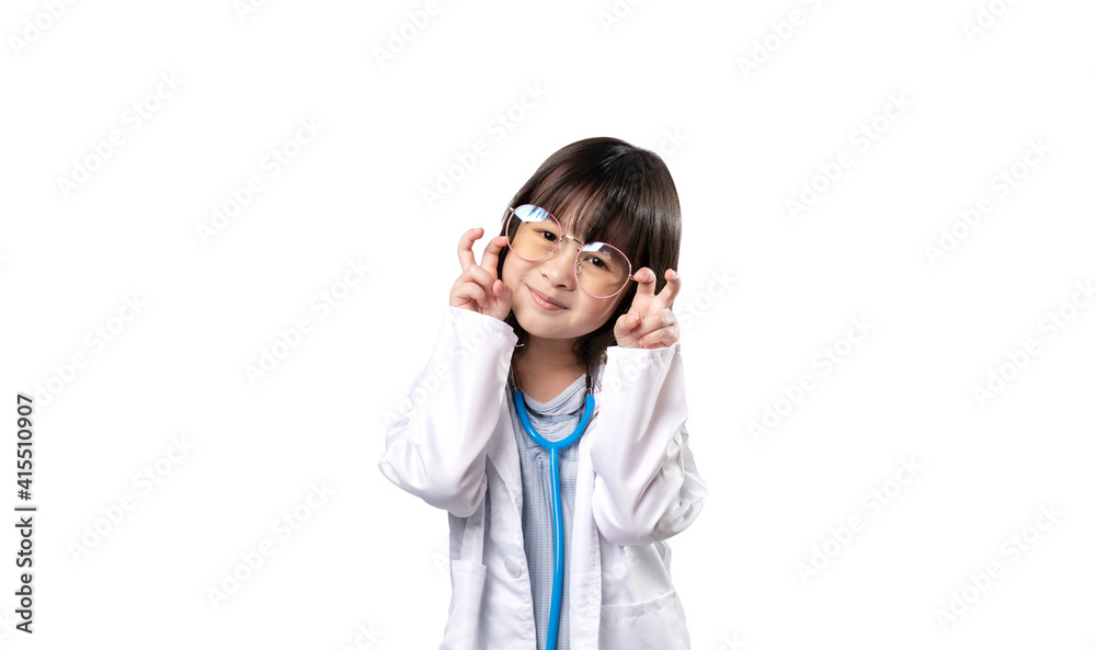 Smiling asian girl wearing glasses in medical uniform with stethoscope, Healthcare and medical concept, isolated on white background with clipping path Smiling asian girl wearing glasses in medical uniform with stethoscope, Healthcare and medical concept, isolated on white background with clipping path