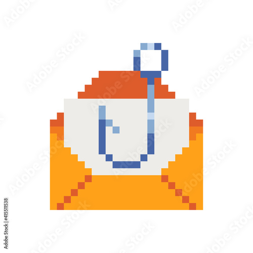 Open envelope. Mail web site icon. Concept of email advertisement. Pixel art 8-bit style. Isolated vector illustration. Design for stickers, logo, mobile app.