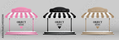 Platform for putting your object with awning and signage for placing your text 3D illustration vector.